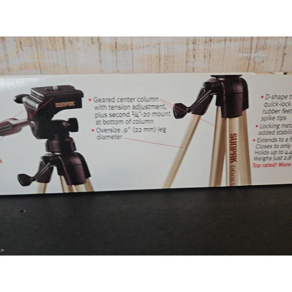 Sunpak 620-080 Tripod w/3-Way Pan Head Folded 20.8" Open 60.2" - Picture 5 of 9